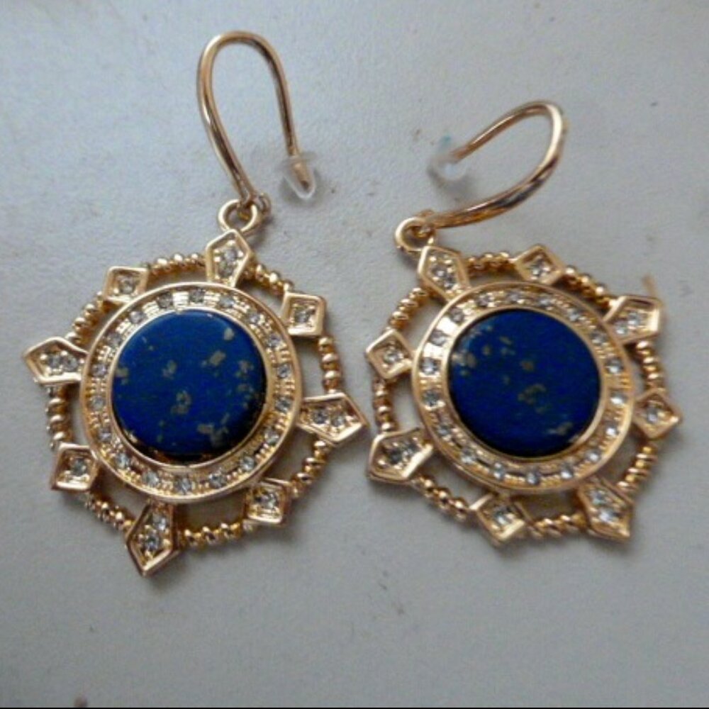 NEW blue Lapis rhinestone medallion dangle earrings